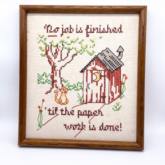 Vintage Cross Stitch Bathroom Sign No Job is Finished Wall Hanging - Picture 1 of 13